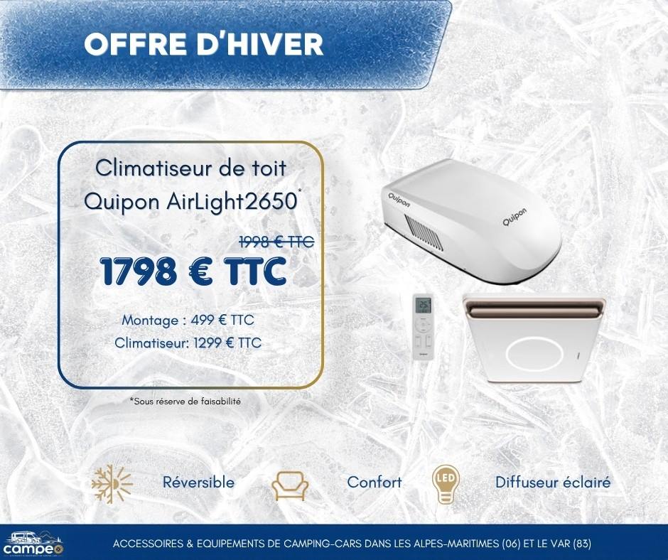 Offre d'hiver : climatiseur de toit Quipon AirLight 2650 à 1 798 € TTC pose comprise au lieu de 1 998 € TTC, avec sa télécommande et son diffuseur intérieur