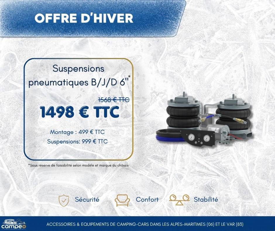 Offre d'hiver : kit de suspensions pneumatiques 6″ à double soufflets avec compresseur et manomètres, à 1 498 € TTC pose comprise au lieu de 1 568 € TTC